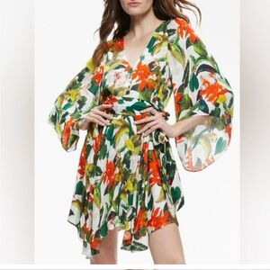 Alice & Olivia Floral V-Neck Dress with Bell Sleeves Size Medium EUC